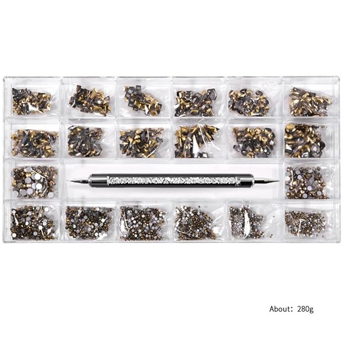 3100Pcs Nail Crystal Rhinestones Kit, Mix Shapes AB Glass, 3D Diamonds Flatback Crystals, with a Drill Pen, Nail Crystal Non Hotfix, Nail Art Decoration(Mineral Gold)