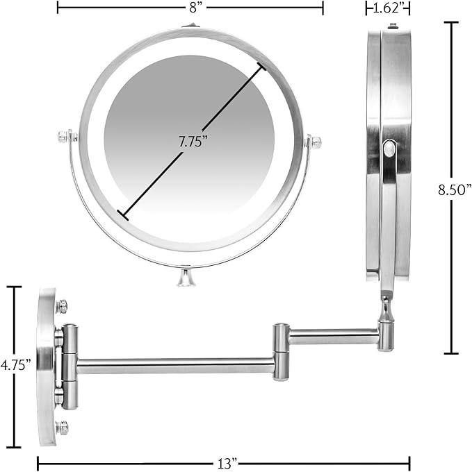 OVENTE 7" Lighted Wall Mount Makeup Mirror with 1X/7X Magnification, Cordless Double Sided Magnifying Round Vanity Mirror, 360° Swivel Design, Extendable and Folding Arm, Nickel Brushed MFW70BR1X7X