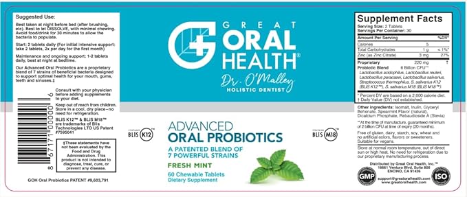 Oral Probiotics for Mouth Bad Breath Treatment for Adults: Dentist Formulated BLIS K12 M18 Advanced Oral Probiotics for Teeth and Gums, 60 Chewable Oral Health Probiotics Supplement Tablets (Mint 2pk)