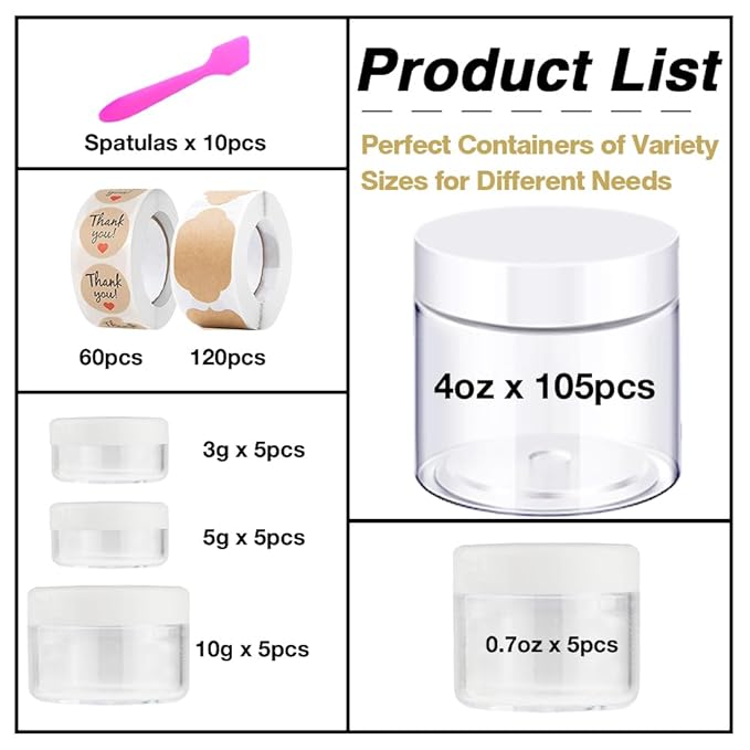4 oz Plastic Containers with Lids 105pcs Plastic Jars with White Lids + 3/5/10/20 Gram 20pcs Sample Containers Travel Jar– Great for Lip Scrub, Body Butters, Cream, Slime, Craft Storage