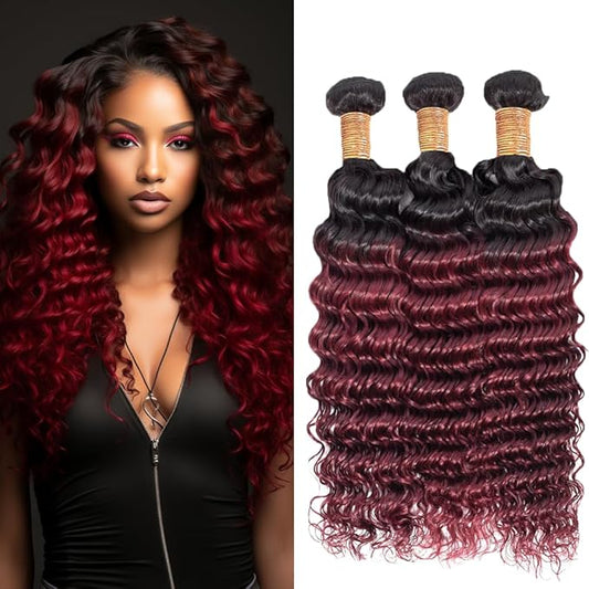 Ombre Burgundy Human Hair Deep Wave Bundles 1B99j Loose Deep Wave Bundles Black to Burgundy two tone Brazilian Human Hair Wet and Wavy for Women 24 26 28 Inch