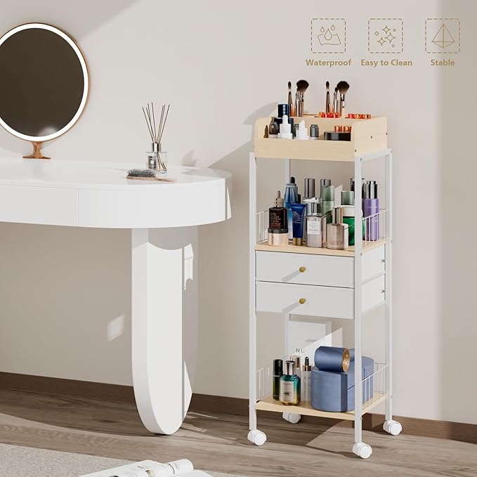 Makeup Organizer Cart Shelf Floor Skincare Organizers Make Up and Station Storage Cabinet For Vanity Standing Cosmetics With Drawers and Wheels For Nail Polish Perfume Hair Tool Holder Beauty(White)