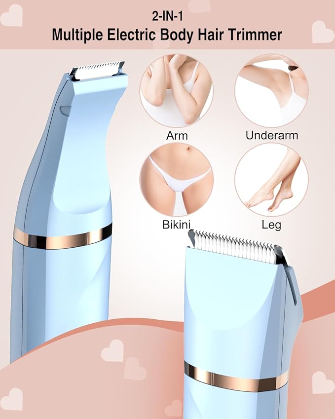 Bikini Trimmer for Women,Electric Razor for Pubic Hair,Rechargeable Bikini Trimmer,Electric Shaver for Women,Removal with Snap-in Ceramic Blades IPX7 Washable Head,Wet and Dry Use, Light Blue