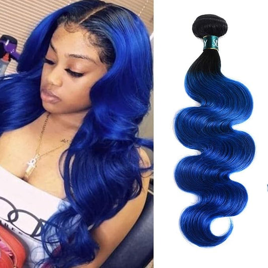 1B/Blue Hair Ombre Brazilian Body Wave 1 Bundle Deal Pre-Colored Remy Human Hair Weaving 2 Tone Ombre Hair 10A Virgin Human Hair Bundles (28", Body 1B/Blue)