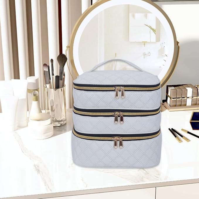 Large Makeup Bag 3 Layers with Handle Travel Makeup Bag Organizer Toiletry Accessories Bottles, Brushes, and Skin Care Products (Beige)