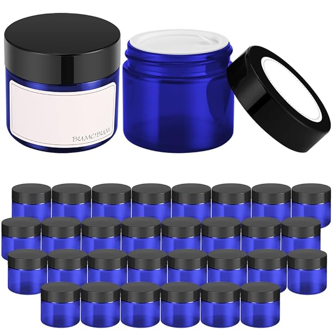 2 oz Glass Jars with Lids, 48 pack Blue Round Small Containers with Black Lids, Blank Labels & Inner Liners, Empty Cosmetic Containers for Sample, Powder, Cream, Lotion