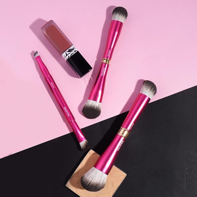 MAANGE 12 Pcs Makeup Brush Set Double-ended Kabuki Brush Travel Makeup Brushes for Foundation Powder Concealers Eye Shadows Makeup Tools Set with LED light Mirror (Pink)