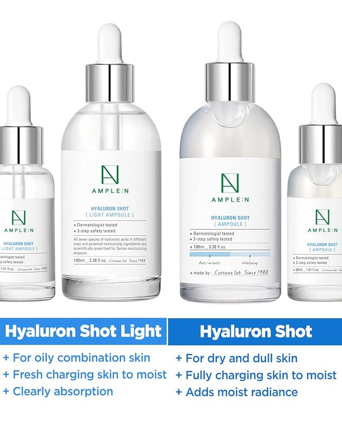 AMPLE:N Hyaluron Shot Light Serum - Korean Hyaluronic Acid Moisturizing Serum - Hydrate Oily and Combination Skin and Restore Vitality – Plumping, Refreshing, Anti Aging Ampoule, 3.38 fl.oz.