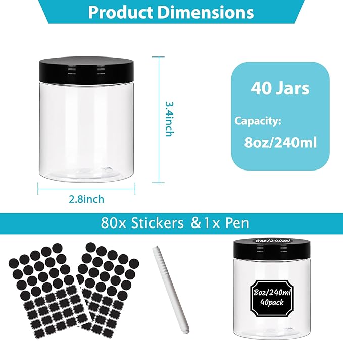 8 oz Clear Plastic Round Jars with Black Lids, 40pcs 8oz 250ml Leak-Proof Wide-Mouth Cosmetic Storage Containers for Slime, Kitchen Use, Beauty Products, Cream, Scrubs, Bath Salt and More