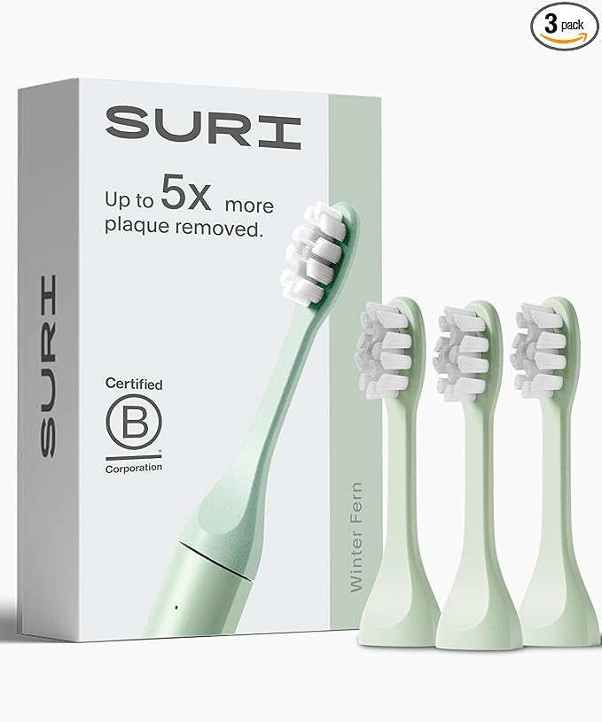Recyclable Plant-Based, Electric Toothbrush Heads - Built-in Tongue Scraper, Long Lasting Replacement Heads | Compatible Only with SURI Sonic Electric Toothbrush - Winter Fern, Pack of 3