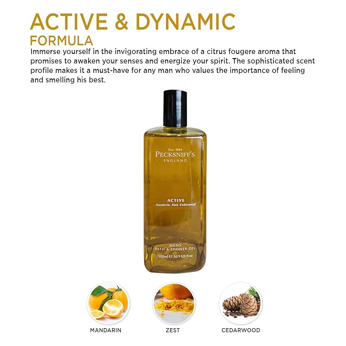 Pecksniff's Men's Luxurious Moisturizing Bath & Shower Gel | Luxury Shower with Zesty Citrus Fougere Aroma | Body Wash Men | Invigorating Active Scent, 500ml