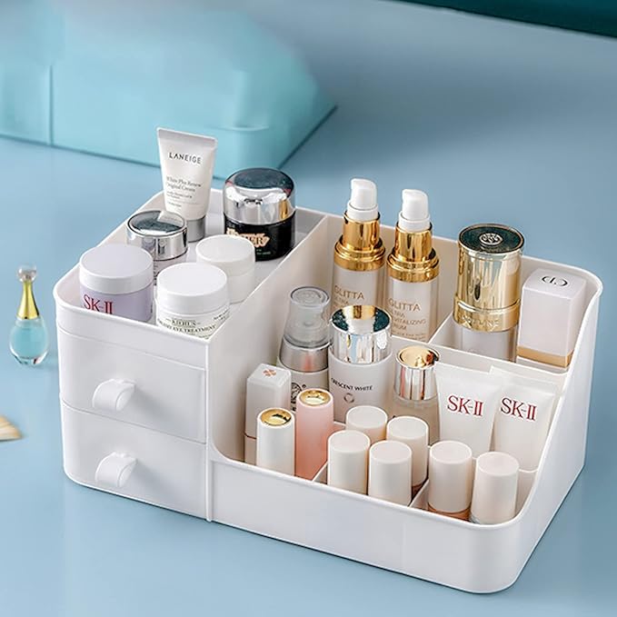 skin care organizer,Makeup Desk Organizer With Drawers,Countertop Organizer for Cosmetics,Vanity brush with Holder for Lipstick, Brushes, Eyeshadow, and Desktop (polar white)