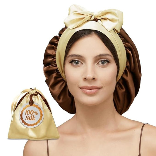 100% Mulberry Silk Bonnet for Sleeping Women with Curly Hair – Alternative to Double Layer Satin Bonnet with Tie Band Premium Silk Hair Wrap for Sleep with Wonder Loop Chocolate