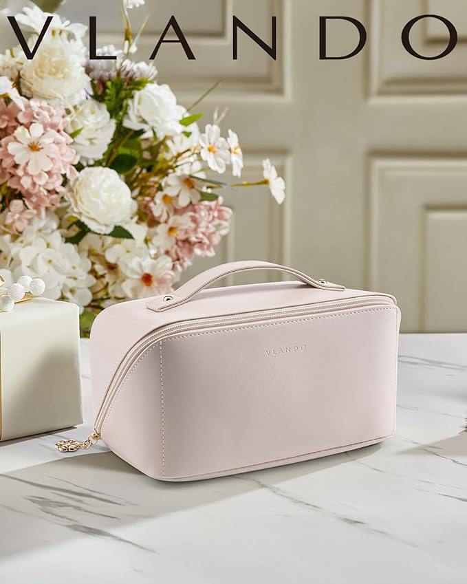 Vlando Travel Makeup Bag, Gifts for Mom Teachers,Make up Bag Travel Toiletry Bag for Women Open Flat Makeup Organizer with Divider and Handle-White