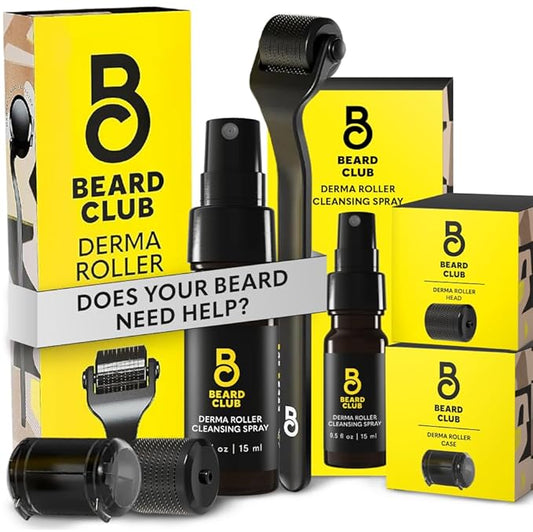 The Beard Club Beard Roller with Cleansing Spray & Replacement Head - 0.3mm Titanium Coated Needles, 3 Count