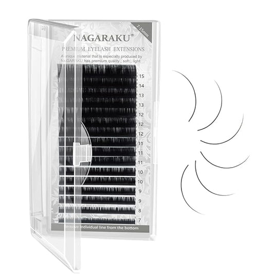 NAGARAKU Eyelash Extension Individual Lashes 0.10 L curl 7-15mm Mix Tray Classic Faux Mink 16 rows Matte Black Soft Natural