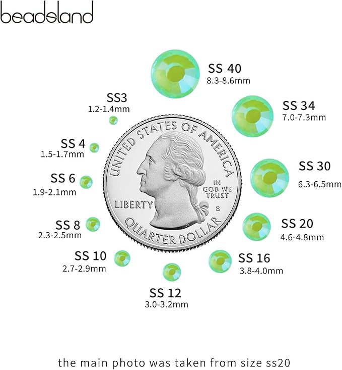 Beadsland 1440pcs Flat Back Crystal Rhinestones Round Gems for Nail Art and Craft Glue Fix, Luminous Green, SS6, 1.9-2.1mm