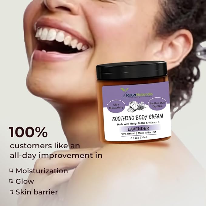RaGaNaturals Natural Face and Body Butter Cream for Dry Skin - Calming, Nourishing & Hydrating Lavender Body Cream for Women, Men & Kids - Softens Skin and Delivers Healthy-Looking Glow - Vegan - 8 Oz