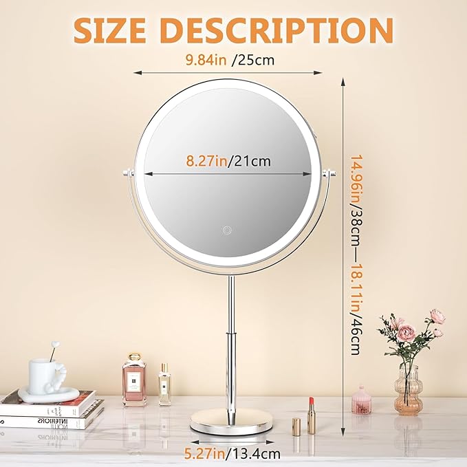 Hasipu 10-inch Lighted Makeup Mirror with Magnification, Rechargeable 3000 mAh Vanity Mirror with Lights, Desk Mirror with Dimmable Brightness, 3 Lighting Modes, Height Adjustment, Black