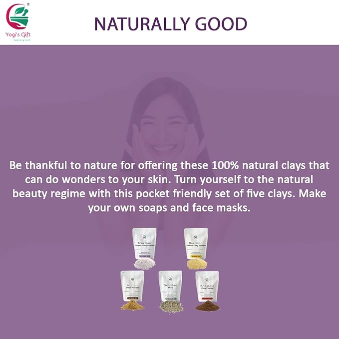 Pack of 5 Cosmetic Clay Powders | Clays for Soap Making and Mask Making | Multani Mitti, Rhassoul, Dead Sea Mud, Yellow & Purple Clay Powders | 8oz Each | Best Colorful Clays for DIY | Yogi’s Gift®