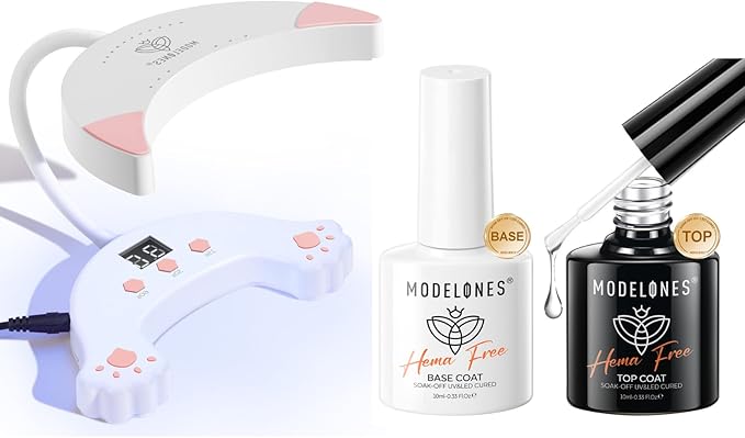 modelones Hema-Free Gel Base and Top Coat Set 2 Pcs & 48W U V LED Nail Lamp, Gooseneck U V Lamp