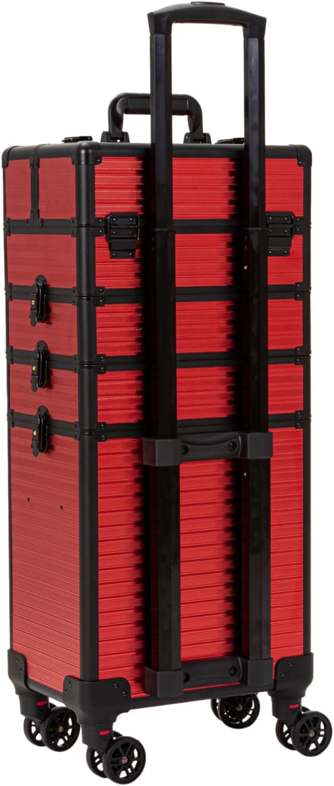 4 in 1 Portable Traveling Aluminum Professional Makeup Trolley Cart with Multiple-Sized Compartments and Wheels (Black with red)