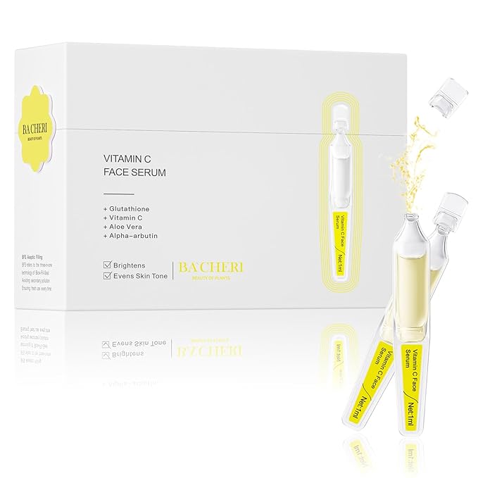 Vitamin C Face Serum with Glutathione, 4D Hyaluronic Acid, Organic Aloe Vera, Travel Size Ampoule, Brightening and Hydrating Serum, Dark Spot Remover, 30 Ampoules (1ml each)