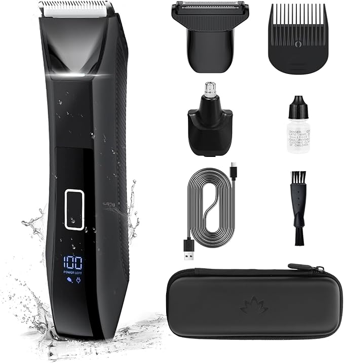 Manscape Body Trimmer for Men, Groin & Body Hair Trimmer, Ball Foil Shaver, Nose Hair Clippers, 3 in 1 Men's Waterproof Wet/Dry Groomer with Travel Case &Travel Lock, LED Display, Black