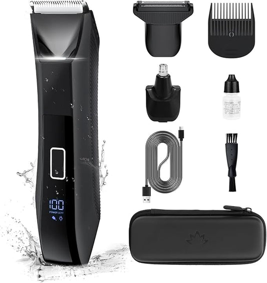 Manscape Body Trimmer for Men, Groin & Body Hair Trimmer, Ball Foil Shaver, Nose Hair Clippers, 3 in 1 Men's Waterproof Wet/Dry Groomer with Travel Case &Travel Lock, LED Display, Black