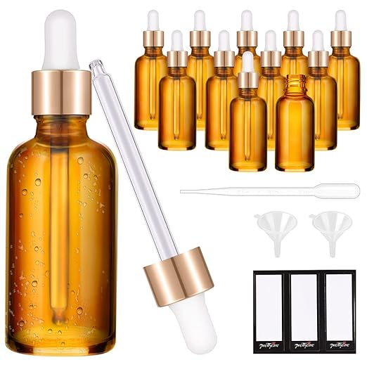 PrettyCare Eye Dropper Bottle 2 oz (12 Pack Amber Glass Bottles 60ml with Golden Caps, 24 Labels, Funnel & Measured Pipettes) Empty Tincture Bottles for Essential Oils