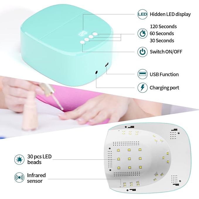 BETE Cordless LED Nail Lamp, 60W Rechargeable Dryer for Curing Polish, USB Port for Charging Phone and Drill, Portable Professional Blue