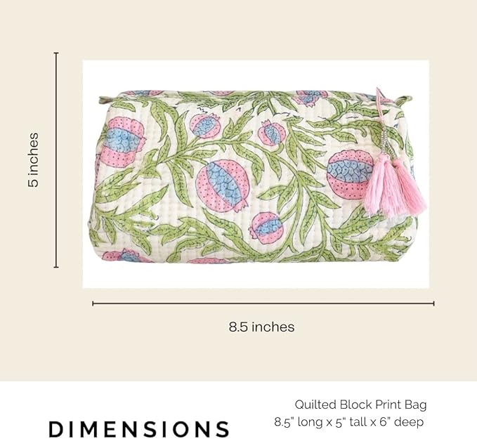 Block Print Designer Toiletry Bag & Makeup Case - Boho Floral Quilted Pouch for Cosmetics