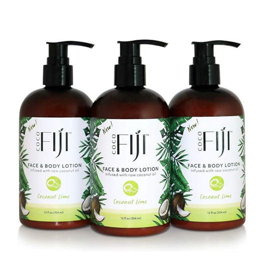 Coco Fiji Face & Body Lotion Infused with Coconut Oil | Lotion for Dry Skin | Moisturizer Face Cream & Massage Lotion for Women & Men |Coconut Lime 12 ozPack of 3