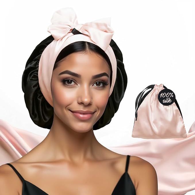 100% Mulberry Silk Bonnet for Sleeping Women with Curly Hair - Short Long Hair Bonnet for Sleeping - Alternative to Double Layer Satin Bonnet with Tie Band - Premium Wrap for Sleep Black
