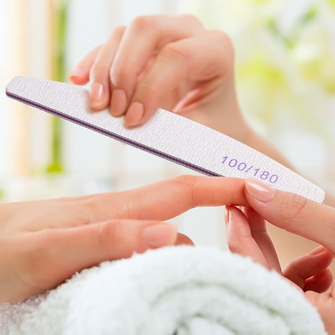 150 Pcs 100/180 Grits Nail Files Bulk Doubled Sided Emery Boards Reusable Curved Coarse Nail Buffers Manicure Tools for Acrylic Natural Toenails Home and Salon Use