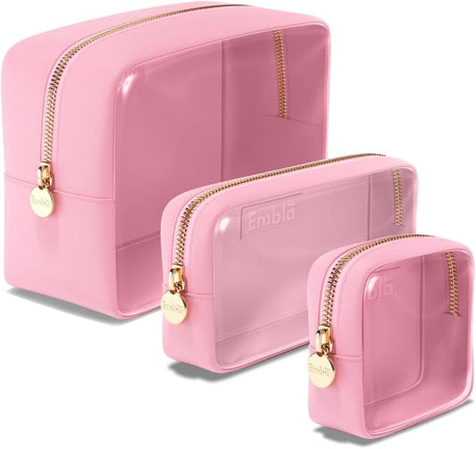 Clear Cosmetic Bags Set of 3, Mini Small Large Makeup Bags For Women Clear Pouch Cosmetics Cases Zipper Cute Pouches Make Up Travel Toiletry Essentials Preppy Purse Organizer Makeup Cases, Flamingo