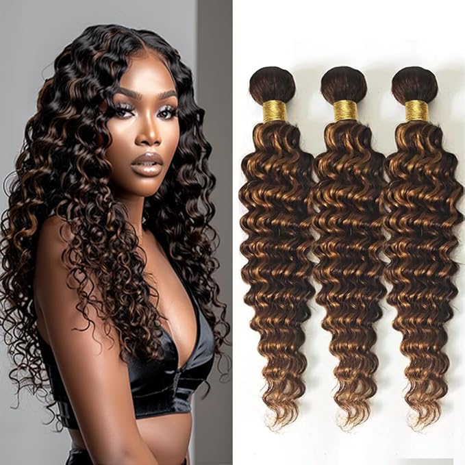 Ombre Human Hair Bundles P1B/30 Loose Deep Wave Bundles Two Tone Black Mixed With Light Brown Bundles Highlight Brazilian Human Hair Weave Wet and Wavy for Black Women 24 26 28 Inch