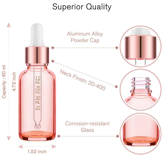PrettyCare Glass Dropper bottle 2 oz (12 Pack Rose Eye Dropper Bottle 60 ml with Measured Pipettes, Golden Caps, Labels, Funnel) for Essential Oils, Beard Oil, Body Oil
