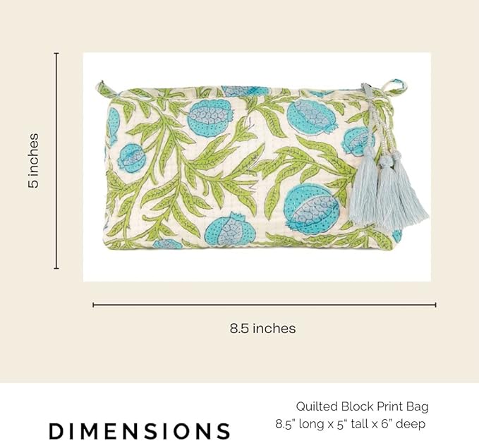 Block Print Toiletry Case & Makeup Bag - Blue & Green Pomegranate
