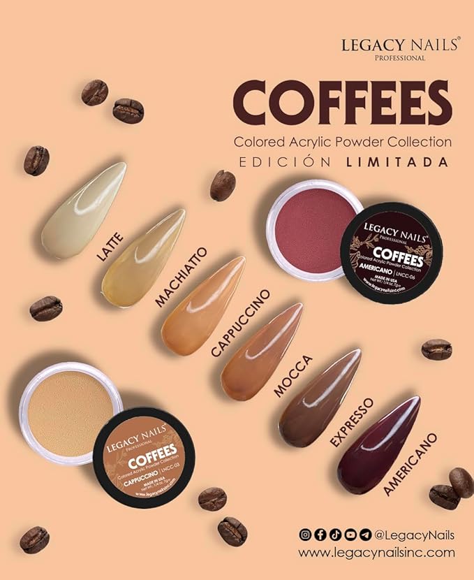Legacy Nails Professional COLLECTION Acrylic Powder Kit 6 Colors Nail Art Set for Manicure DIY for Dip & Acrylic Nail Extensions (COFFEES COLLECTION)