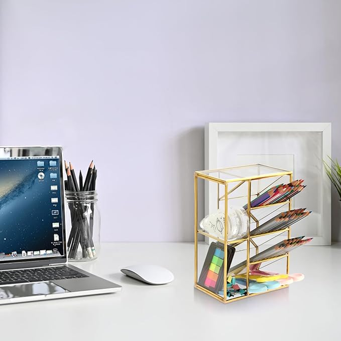 ELLDOO Rollerball Perfume Organizer, 6 Compartment Clear Glass Perfume Storage Holder Vintage Beauty Scent Holder, Metal Makeup Lipgloss Lipstick Display Case