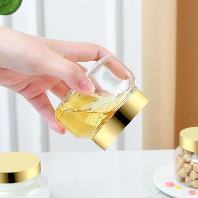 24 Pack 8 Oz Plastic Containers With Lids and Waterproof Label BPA Free - Refillable Transparent Cosmetic Containers for Body Butter,Sugar Scrubs,Cream,Lotions,Candy,Bath Salt (24, Gold)