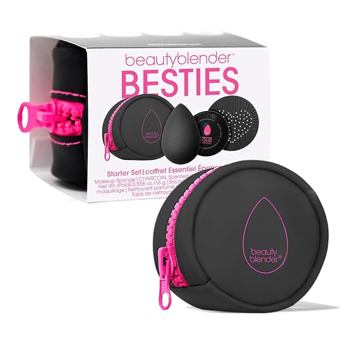 Beautyblender® | Besties Charcoal Blend & Cleanse 4-Piece Starter Set, Pro Black Makeup Sponge + Solid Charcoal Cleanser .558 oz + Silicone Scrub Mat + Travel Case, Made in USA, Vegan, Cruelty Free