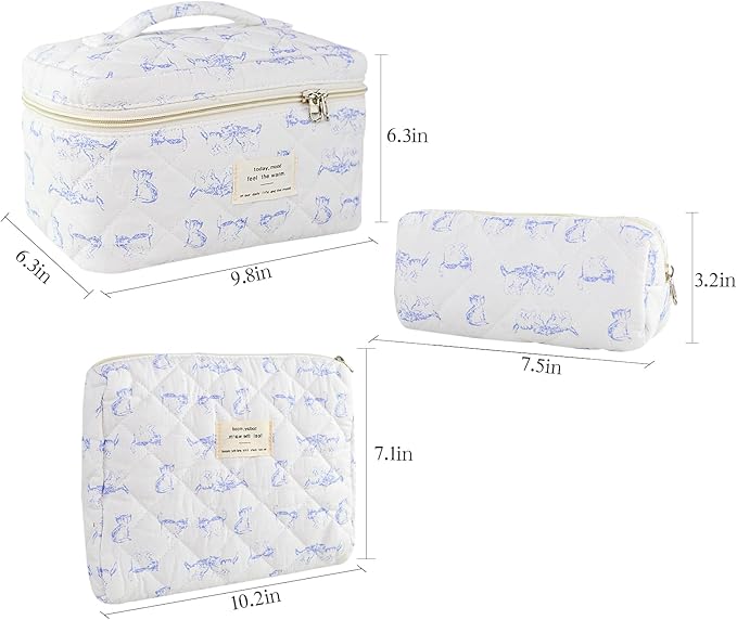 3Pcs Makeup Bag Cotton Quilted Travel Cosmetic Bag Cute Floral Makeup Pouch Large Toiletry Bag for Women Girls (Blue cat)