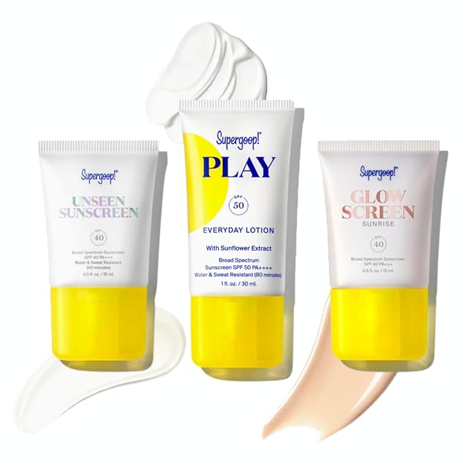 Supergoop! SPF Bestsellers Starter Set - Includes PLAY Everyday Lotion SPF 50 (1 fl oz), Unseen Sunscreen SPF 40 (0.5 fl oz) & Glowscreen SPF 40 (0.5 fl oz)