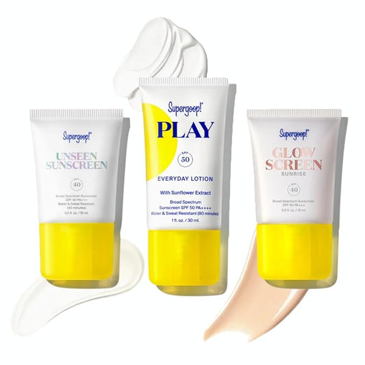 Supergoop! SPF Bestsellers Starter Set - Includes PLAY Everyday Lotion SPF 50 (1 fl oz), Unseen Sunscreen SPF 40 (0.5 fl oz) & Glowscreen SPF 40 (0.5 fl oz)