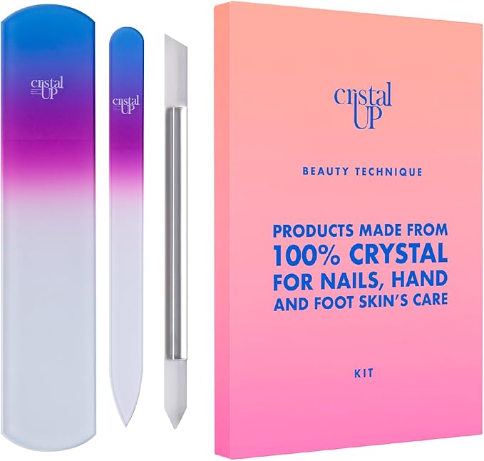 Starter Crystal Nail Set Care - 3PC Includes Glass Foot Scraper, Medium Crystal Nail File, and Cuticle Stick for Natural Nails, Glass Nail File Kit