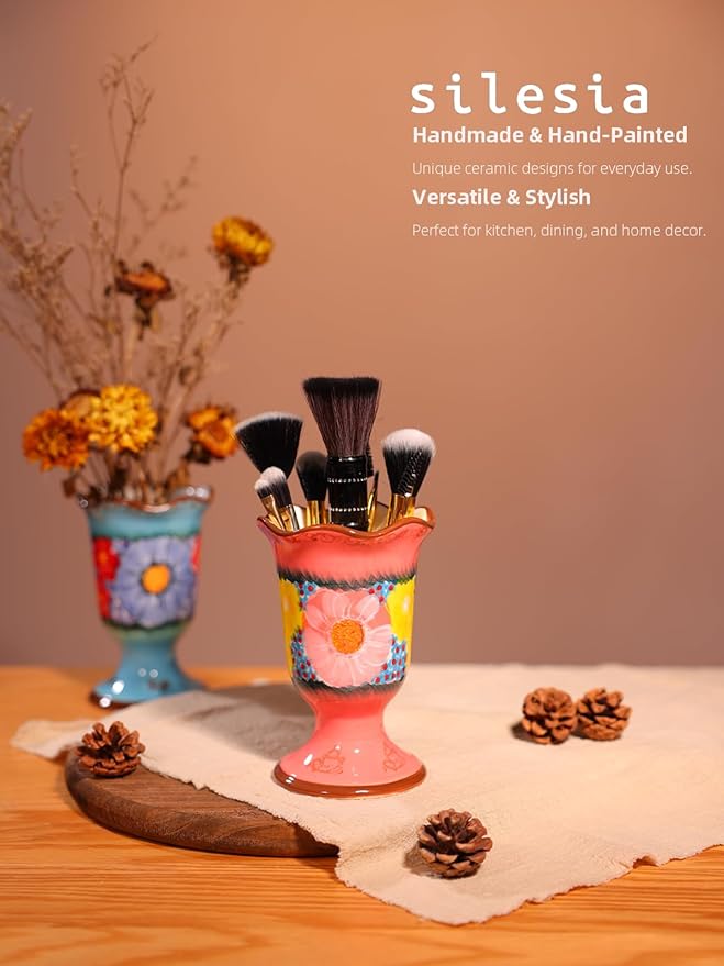 Handmade Home Desktop Storage Cups, Ceramic Hand-Painted Makeup Brush Holder Organizer, Pen Holder, Toothbrush and Toothpaste Holders, Small Plant Pots Indoor with Drainage, Glazed Pink