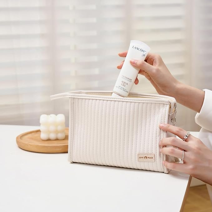 MIRASON Makeup Bag Set of 3 Cute Cosmetic Travel Toiletry Bag Organizer Pouch Set for Women PU Leather Waterproof Toiletry Bag 3 Piece Set, Beige