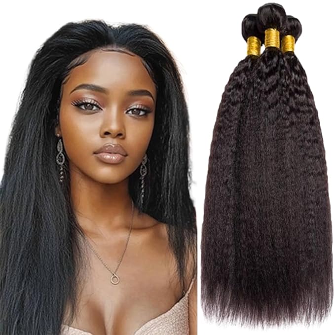 Kinky Straight Human Hair Bundles #1B Yaki Straight Bundles Color 1B Brazilian Human Hair Extensions Soft and Silky for Women 14 16 18 Inch